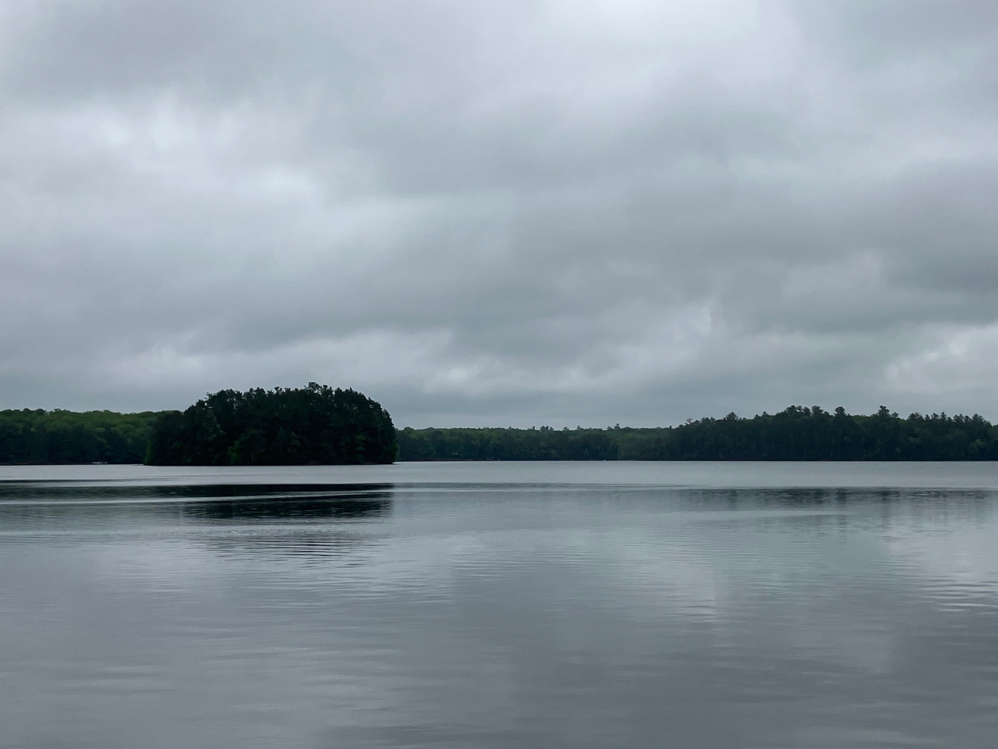 A calm lake beneath a cloudy sky with a tree-covered island and shoreline