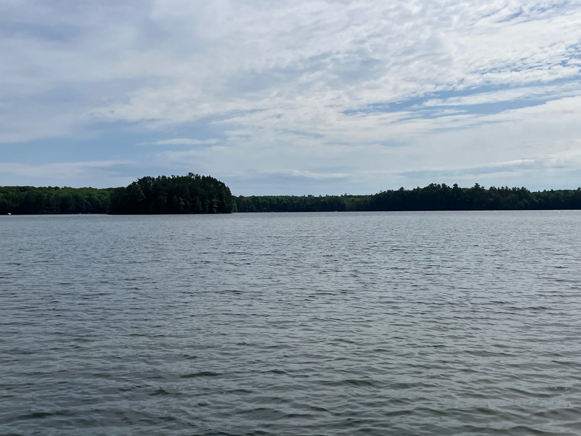 Lake water beneath a partly cloudy sky with a wooded shoreline