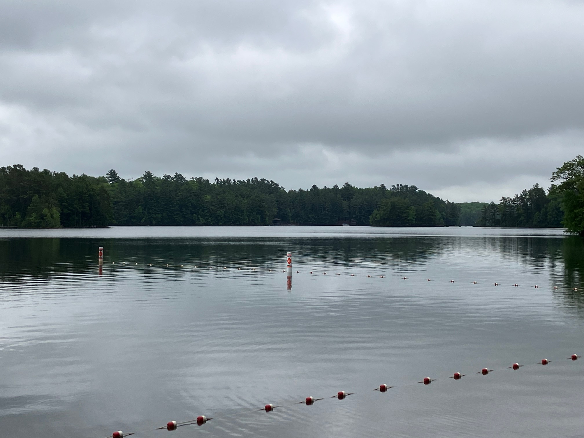 A roped swimming area marked by buoys on a calm lake