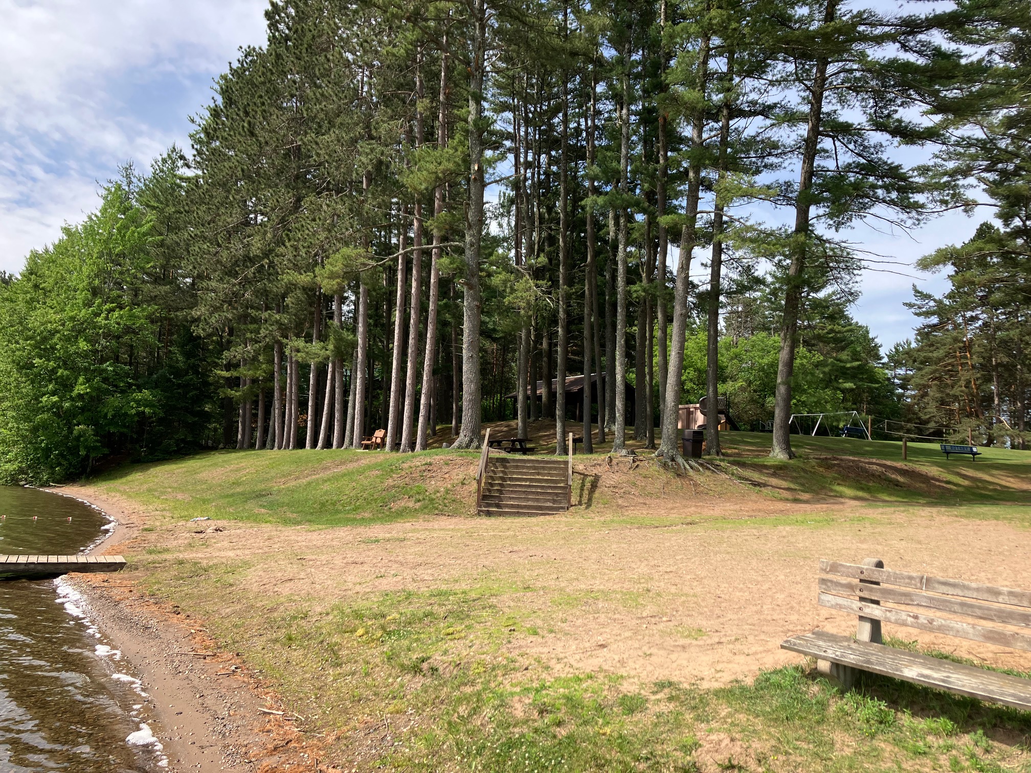 Wooden park benches along a path through a wooded waterfront park